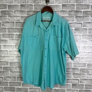 vtg FRANK Solid Teal Double Pocket Button Up Short Sleeve Shirt Mens XL USA MADE